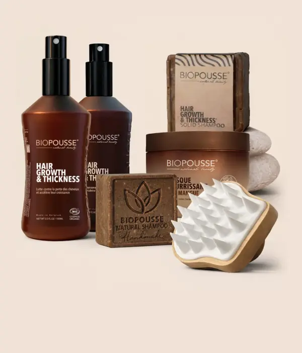 Lotion Biopousse - Pousse de cheveux + shampoing natural solide + Masque nourrissant + 1 brosse massante