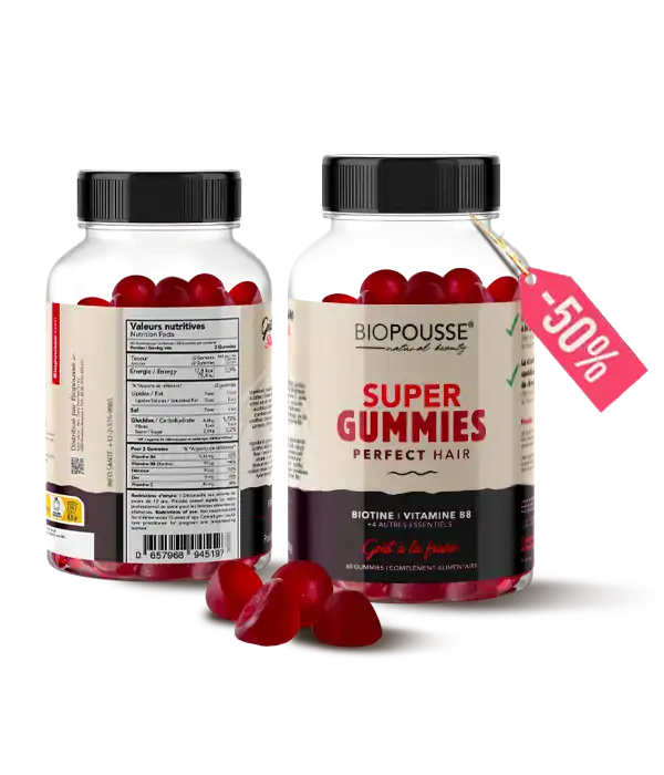 Super Gummies pour booster la pousse des cheveux – Biotine, Vitamine B6, B8, Vitamine C & Zinc – (60 gummies)